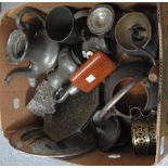 Box of assorted metalware to include; pewter teapots and similar items, plated hip flask,