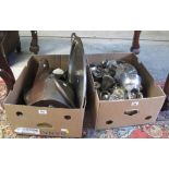 Two boxes of metalware to include; helmet shaped coal scuttle, silver plated spirit kettle on stand,