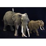 Sallie Wakeley, large ceramic study of an African elephant with egret on its back,