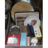 Box of assorted items to include; commemorative plates, bread or cheese board, plated lazy susan,