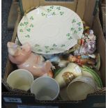 Box of assorted china to include; Poole pottery preserve jar and cover,