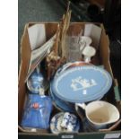 Box of assorted mainly china and glass to include; Delft plates, blue and white egg crock,