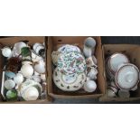 Three boxes of assorted china to include; dinnerware, jugs, breakfast cups and saucers,