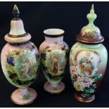 Group of similar opaline glass vases with painted and printed figural panels, two with covers.