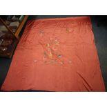 A crewel work floral embroidered pink ground bed throw or wall hanging. (B.P. 24% incl.
