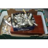 Box containing assorted loose plated and a small selection of silver, cutlery.
