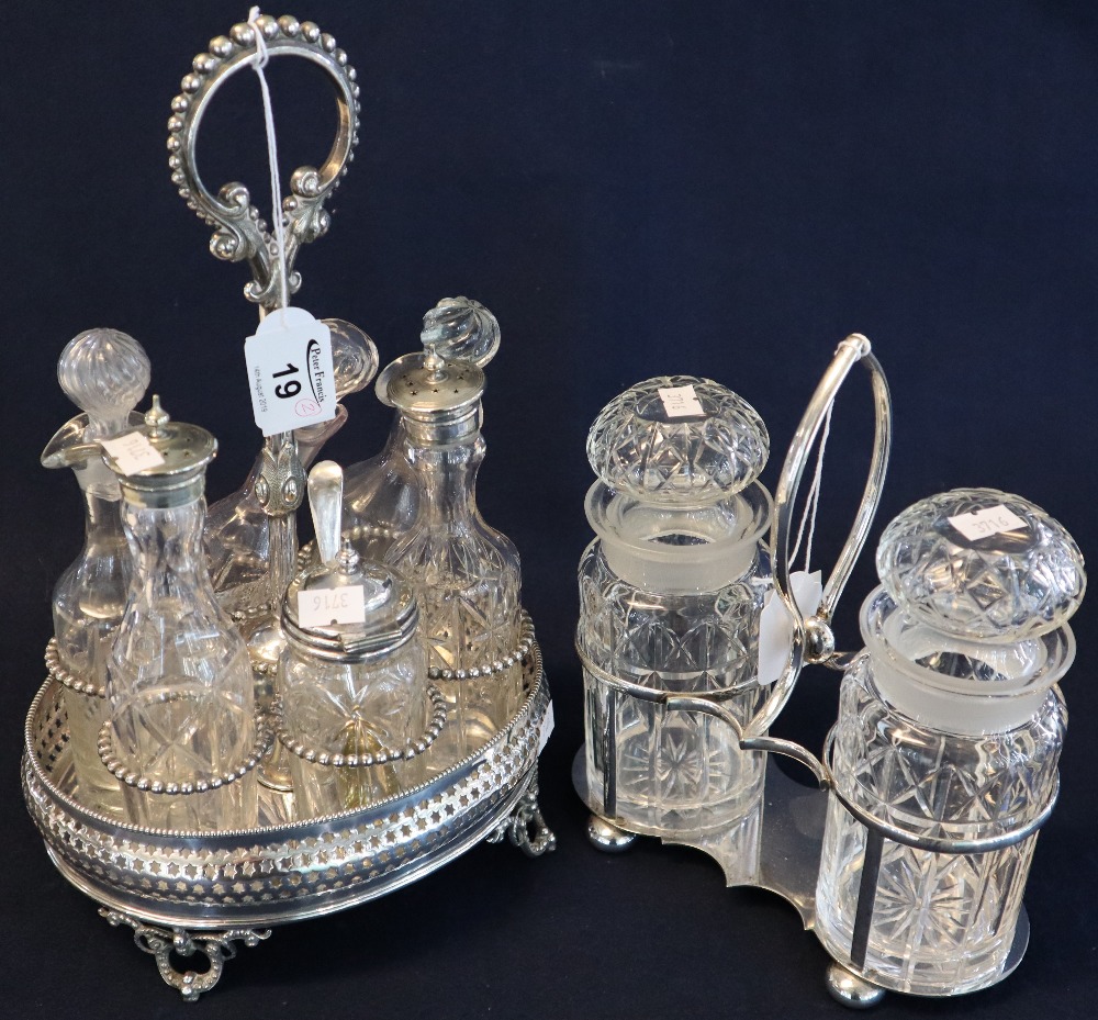 Early 20th Century silver plated six bottle cruet stand with various glass bottles and jars,