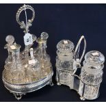 Early 20th Century silver plated six bottle cruet stand with various glass bottles and jars,