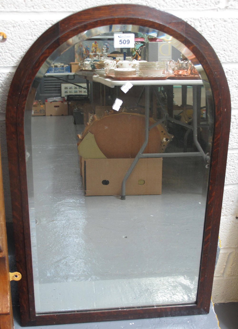 20th Century oak framed bevel plate dome top mirror. (B.P. 24% incl.