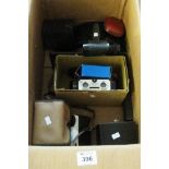 Box of assorted cameras etc to include; Coronet 3-D binocular viewfinder, Prinz binoculars,