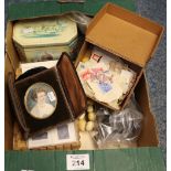 Box of oddments including; stamps, costume items, string of bone beads,