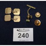 Pair of 9ct gold cufflinks, two 9ct collar studs and a gold plated tie pin. Gold weight approx 5.5g.