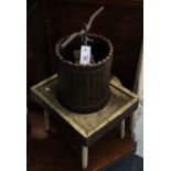 Small wooden wine press, coopered with a four legged stand and metal helix. (B.P. 24% incl.