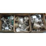 Three boxes of silver plated items to include; teaware, ice bucket, watering cans, toast racks,