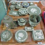 Two trays of Wedgwood Jasperware green and white items, various to include; jars and covers,