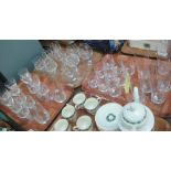 Three trays of drinking glasses to include; Doum France lager glasses, cut glass brandy balloon,