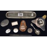 Bag of assorted white metal and odd silver items to include; tea strainer, magnifying glass,