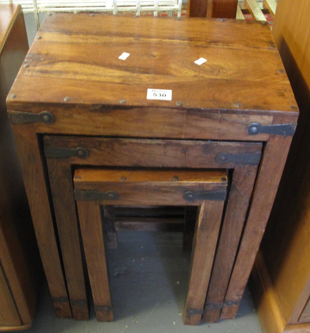 Nest of three hardwood rectangular pull out tables with metal mounts (probably Mexican pine). (B.P.