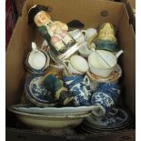 Box of assorted china to include; old willow blue and white plates and similar items,