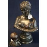 Patinated cast bronze bust of a young woman on pedestal base, unsigned.