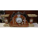 Art Deco design rouge marble two train clock garniture,