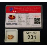 An orange sapphire - loose with GGL certificate. (B.P. 24% incl.