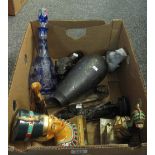 Box of assorted items to include; blue flash cut mallet shaped decanter and stopper,