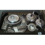 Box of assorted silver plate to include; teaware, entree dish, toast racks, tray etc. (B.P.
