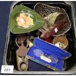 Box of oddments to include; hip flask, love spoon, cuff links, pierced dish, brass bell,