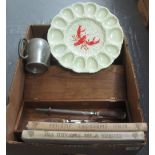 Box of assorted items to include; pewter tankards,