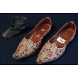 Pair of Asian suede embroidered slippers or wedding shoes with floral and paisley silver thread