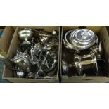 Two boxes of assorted metalware to include; two handled urn shaped vase, spirit kettle on stand,