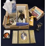 Box of oddments and trinkets, portrait miniature in case (print), corkscrew, diecast car etc. (B.P.