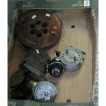 Box containing assorted vintage fishing reels including; 'The Seareel',