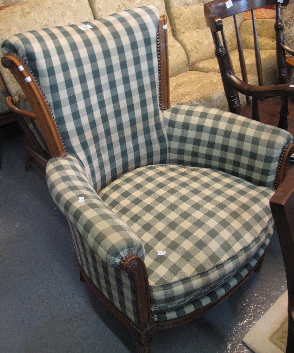 Early 20th Century gingham upholstered armchair on walnut frame. (B.P. 24% incl.