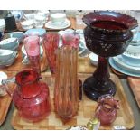 Tray of assorted coloured glass to include; modern cranberry champagne flutes,