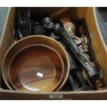 Box of assorted treen and carved items to include; bowls, tribal figures, knob handles etc. (B.P.