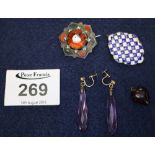 A Scottish pebble brooch, enamel brooch, pair of purple glass earrings and a heart pendant. (B.P.
