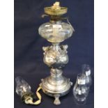 Electroplated brass double burner oil lamp with clear cut glass reservoir and electroplated vase