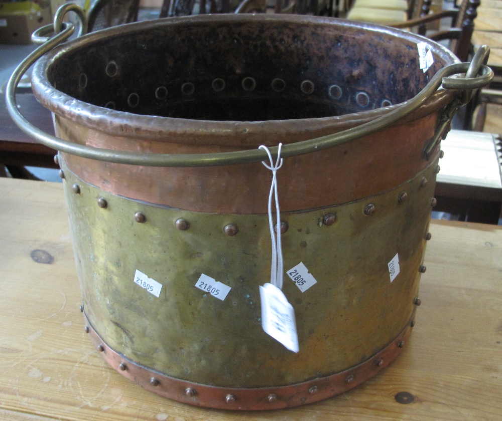 Arts and Crafts design copper and brass banded single handled log or coal bin. (B.P. 24% incl.