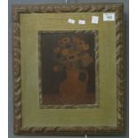 A J Rowley (early 20th Century), still life study jug of flowers, marquetry picture in mixed woods.