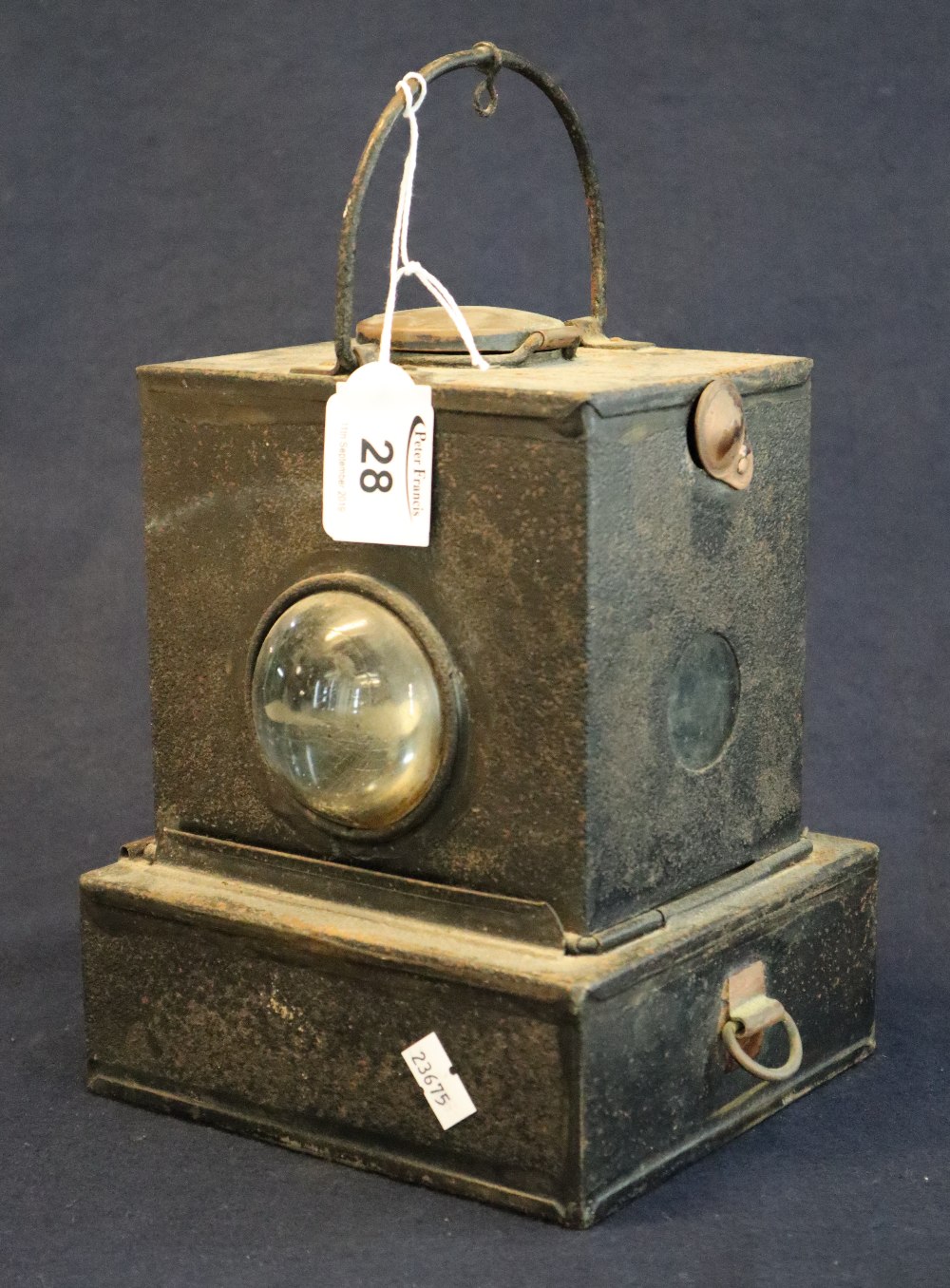 A British Rail Midland region hand oil lantern with bull's eye front lens and two side glasses,