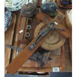Tray of oddments to include; treen butter pats, treen mould in the form of a thistle,