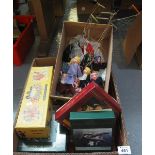 Box of vintage items to include; Pelham standard puppet SS Tyro Boy, Wentworth wooden jigsaws,