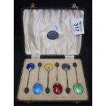 Cased set of six silver enamelled coffee bean spoons in guilloche enamelled in six different