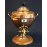 19th Century copper urn with two handles and brass tap on pedestal base. 32cm high approx. (B.P.