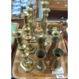 Tray of brassware to include; candlesticks, vases, desk set in the form of a horse etc. (B.P.