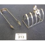 Small silver four division toast rack and pair of silver sugar tongs. (B.P. 24% incl.
