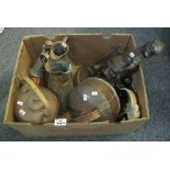 Box of metalware to include; a Mr Micawber companion stand, copper kettles,
