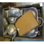 Box of assorted metalware, mainly silver plated teasets, tray etc. (B.P. 24% incl.